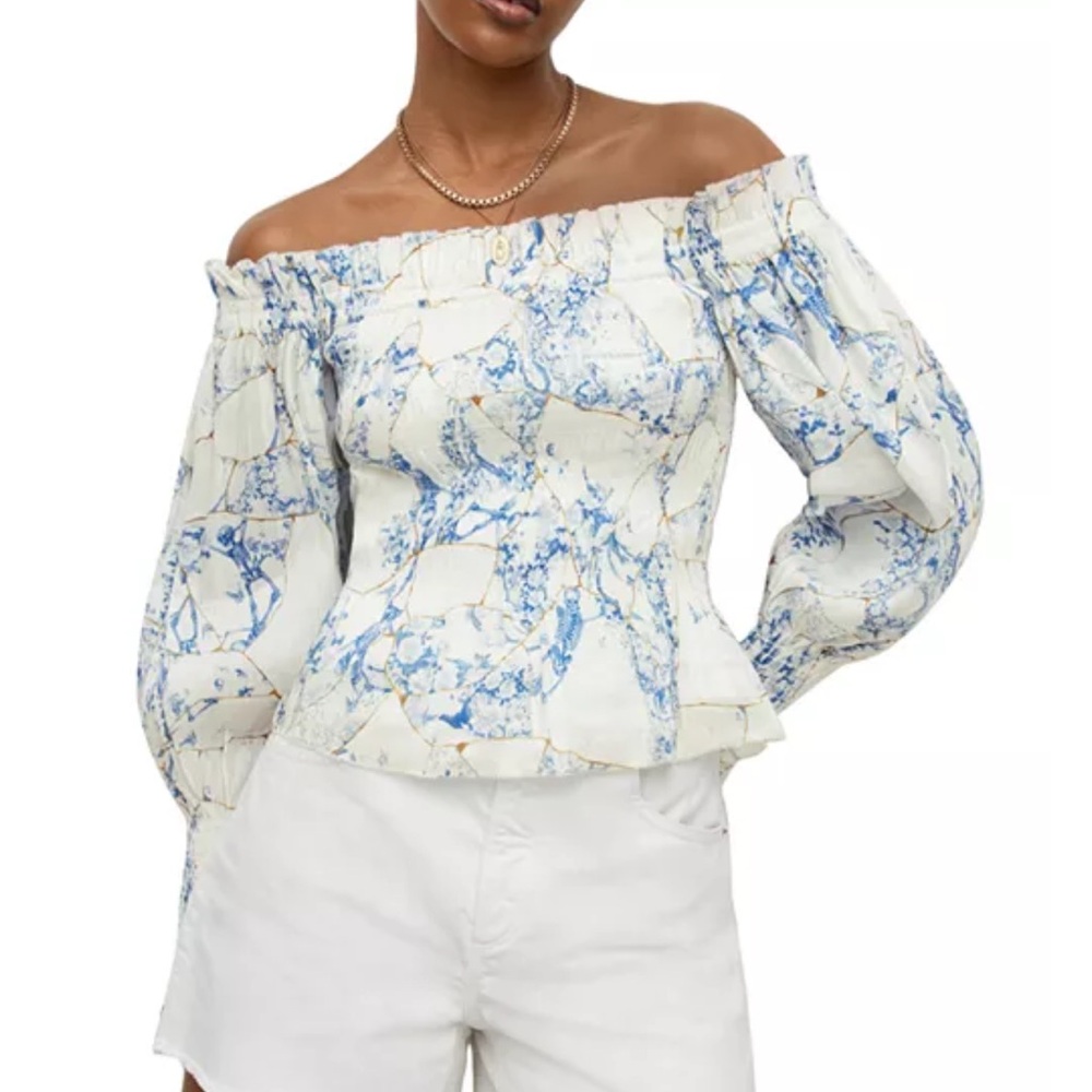 All Saints Blue and White Off-Shoulder Blouse